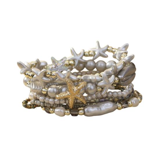 1 Set Bohemian Starfish Bracelets for Women Coastal Style Stackable Stretch Bracelets Faux Pearl Beaded Bracelets for Holiday Summer Beach
