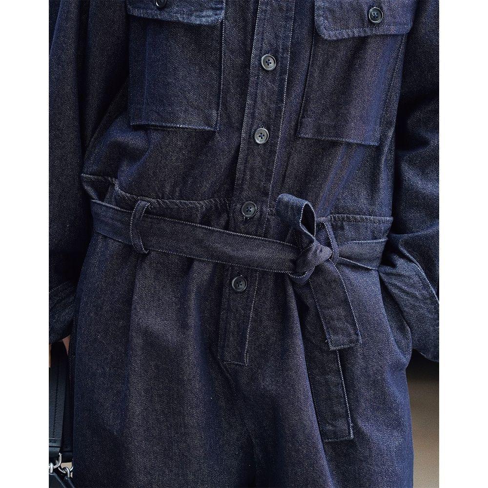 Women Cargo Denim Jumpsuit Lapel Long Sleeve Belted Loose Wide Leg Casual Overalls Streetwear Rompers