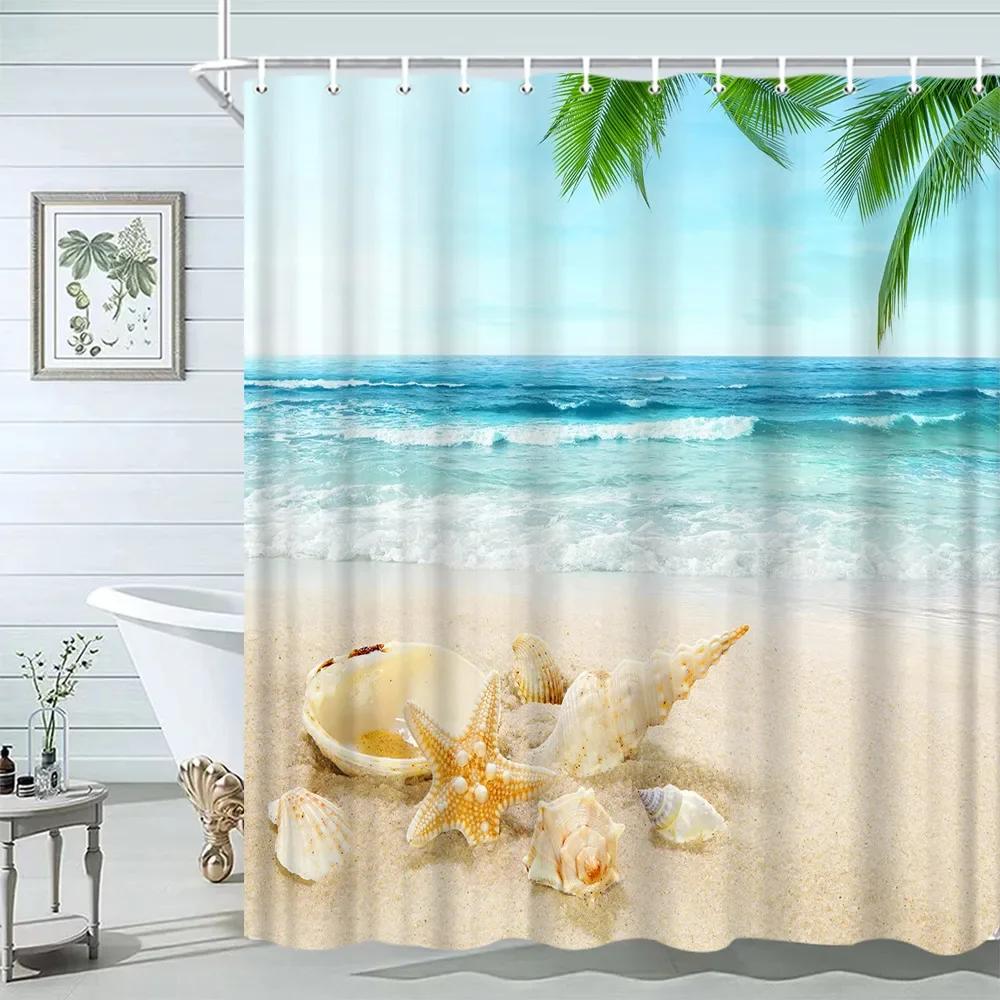 Seashell Shower Curtain Summer Beach Starfish On The Coastal For Bathroom Curtain Polyester Fabric Bathroom Accessories Set