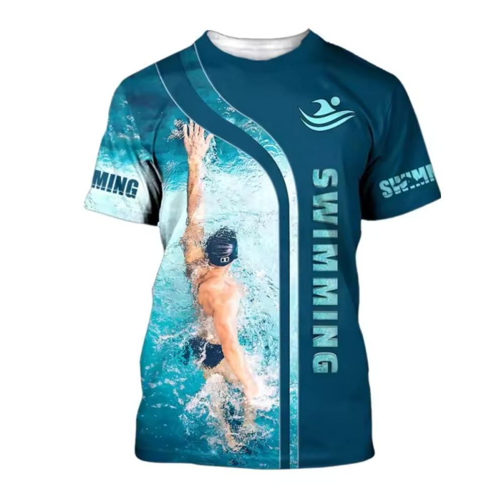 Men's 3D Printed Swimming T-shirt Loose Casual Comfortable Breathable Plus Size Short Sleeved Versatile Fashion T-shirt
