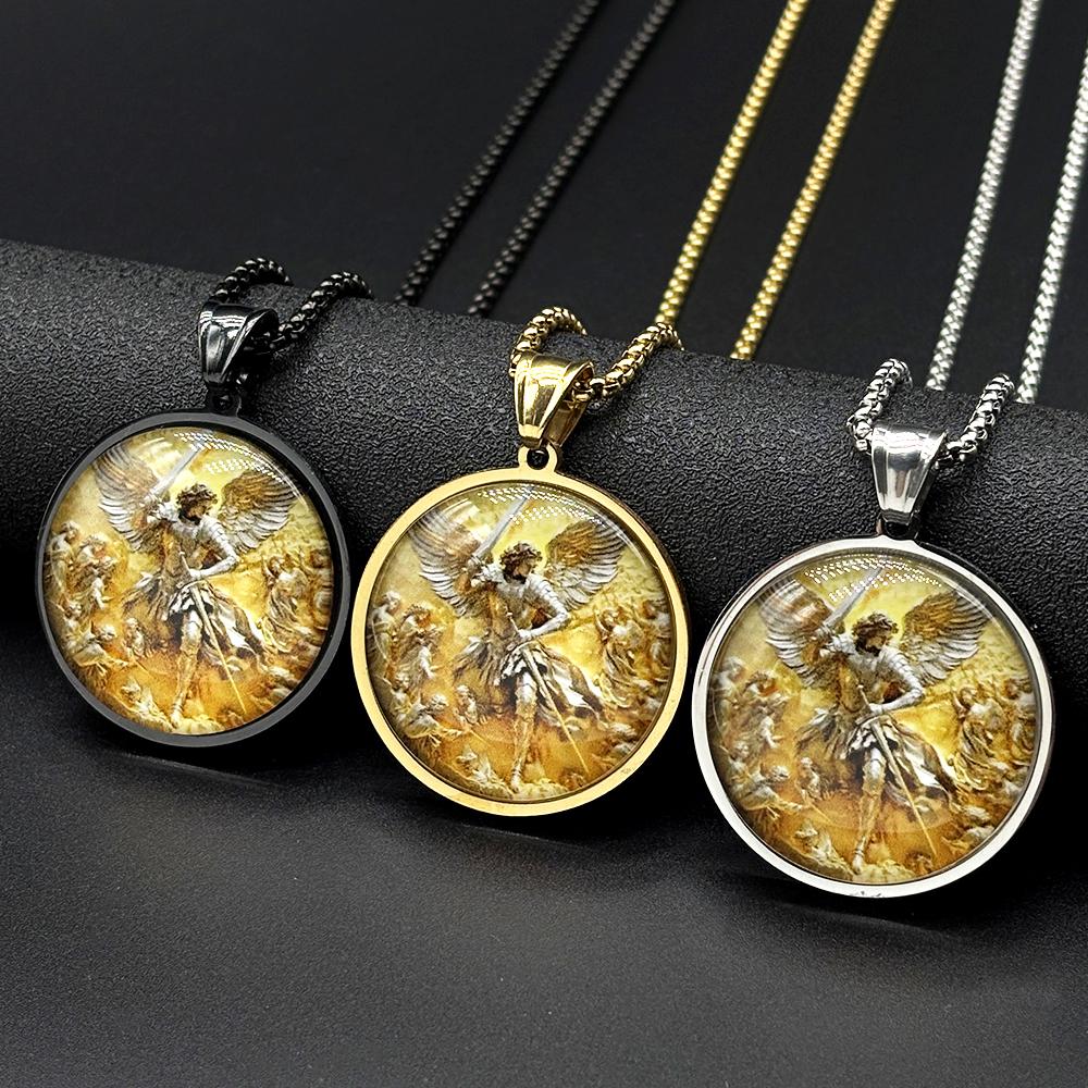 Arcángel SAN MIGUEL PROTÉGENOS Colgante Medalla Cabujón de Vidrio Collar Acero Inoxidable Chapado en Oro Amuleto Cristiano Joyería