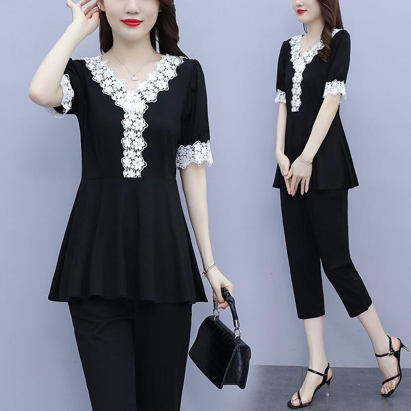Fashion Large Size Fat Suit for Women Summer Temperament Belly-covering Lace Top Two-piece Set