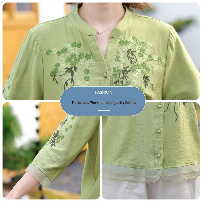 Hengyuanxiang 2025 Summer Chinese Style Embroidered Shirt & Pants Set for Middle-Aged Women