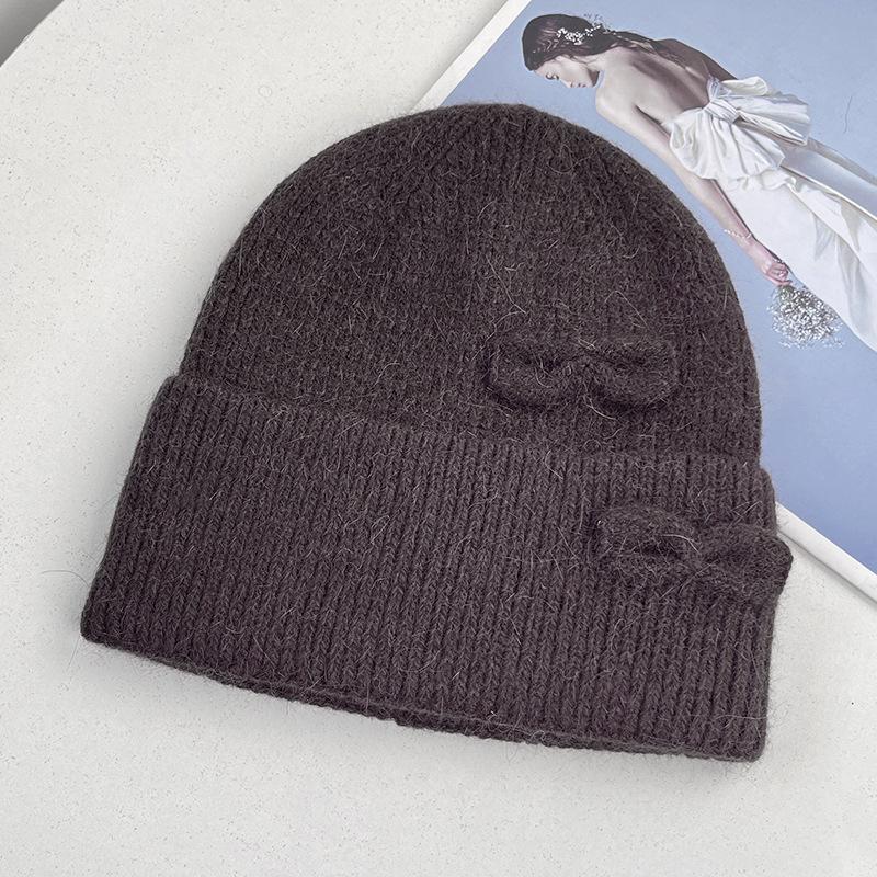 New double bow knitted hat women's autumn and winter sweet warm wool hat big head circumference show face small cold hat