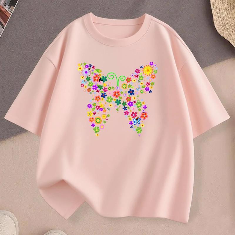 Farbenfrohes T-Shirt für Teenager mit Schmetterlingsdruck Mädchen Sommer Lässig Niedlich Mode O-Ausschnitt Kurzarm Kinder Oberteile Kleidung T-Shirt