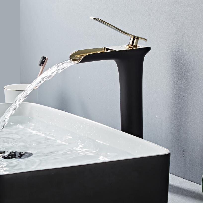 BLACK GOLDEN Basin Faucet Cold and Hot Water Waterfall Bathroom Faucet Single handle Basin Mixer Tap Deck Mount Torneira