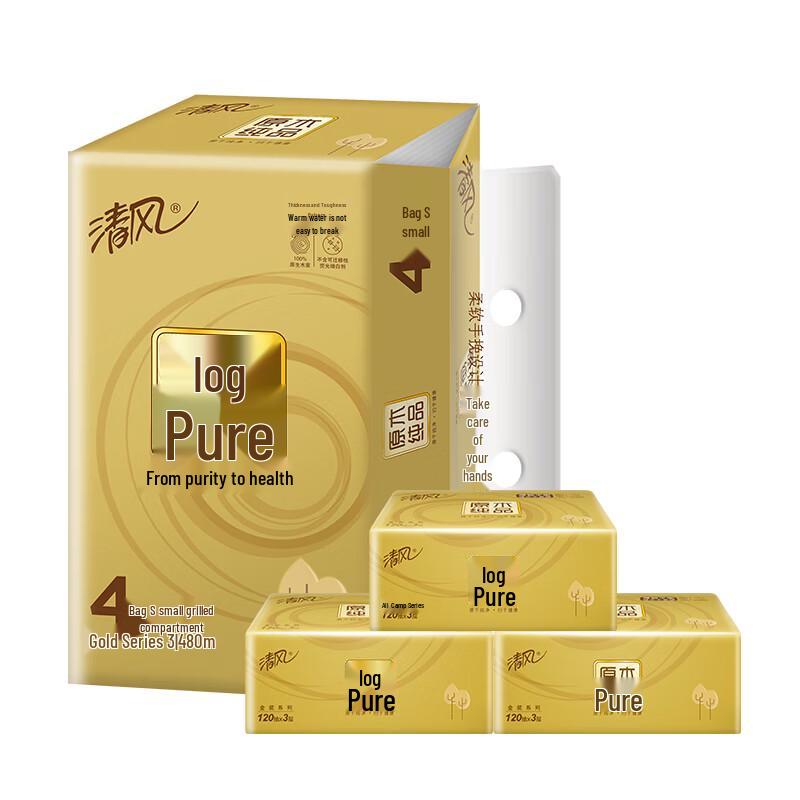 Qingfeng Original Wood Gold 3-Ply Facial Tissues, 4 Soft Packs