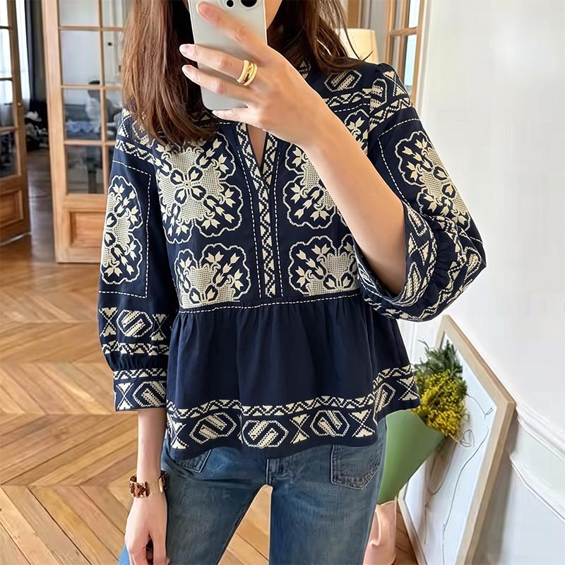 ZANZEA Women Bohemian Print Casual V-Neck 3/4 Sleeve Loose Blouse