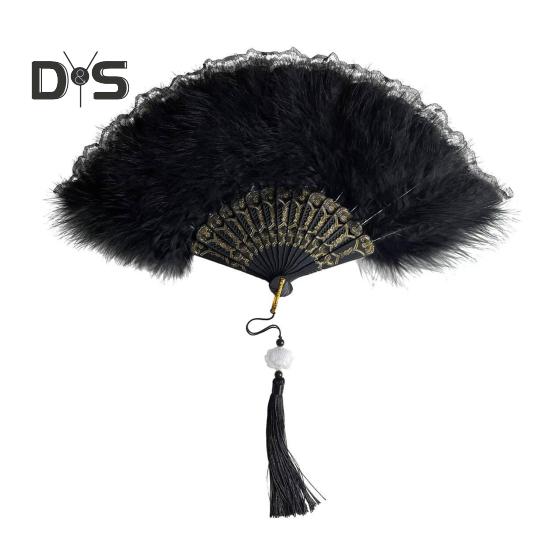 

Винтажный складной веер с перьями и кружевом с кисточками, портативный летний ручной веер, украшение для танцевального представления, реквизит для костюмов для вечеринок чёрный