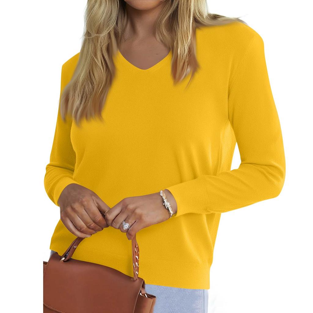 Women's Fashionable Casual V Neck Solid Color Long Sleeve Top