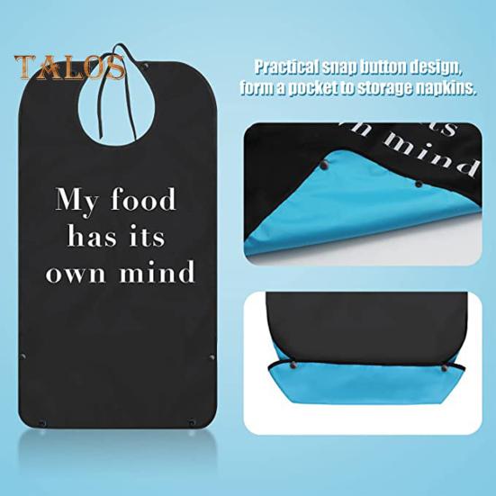 Waterproof Adult Bibs for Men with Crumb Catcher Funny Text Black Washable Lightweight Mealtime Clothing Protector
