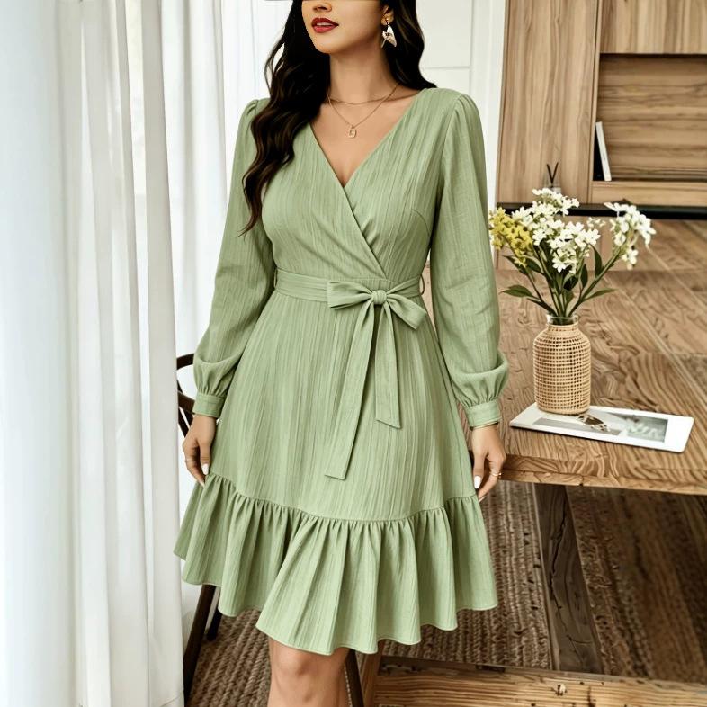 European and American casual V-neck vacation skirt autumn texture long-sleeved splicing dress