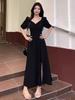French Retro Slim-Fit V-Neck Asymmetric Split Long Dress, Korean Style Design