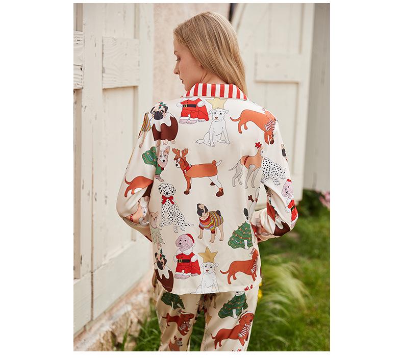 Weihnachts-Hund Damen Langarm Pyjama Set - Herbst/Frühling Seidenähnliche Homewear