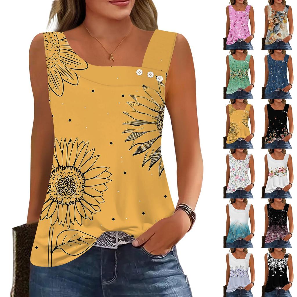 Womens Summer Tank Tops Square Neck Sleeveless Buttons Casual Dressy Tunics Basic Business Work T Shirts Blouses