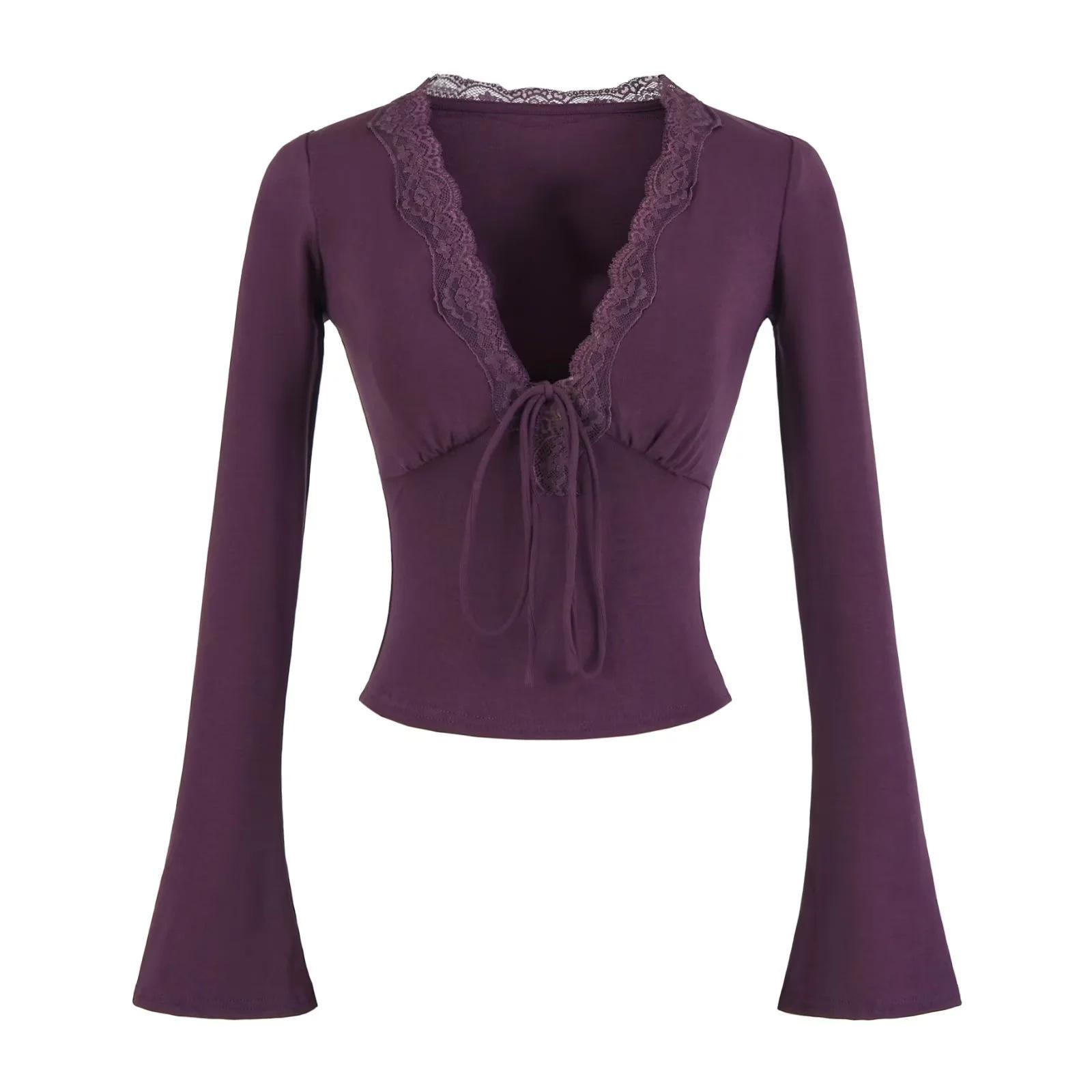 Women s Slim Fit Lace V-neck Long Sleeve Knit Top with Chest Pads Small
