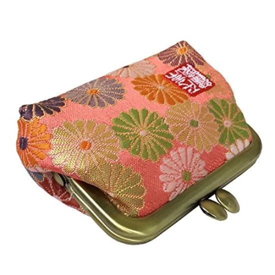 Senshishuin Nishijin Brocade Square Wallet with Gusset and Coin Purse Chrysanthemums in Full 2.5-inch (Lined) (Vermilion Bloom)