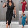 Fashion Summer Spring Solid Color Print Short Sleeve V-Neck Casual Dresses