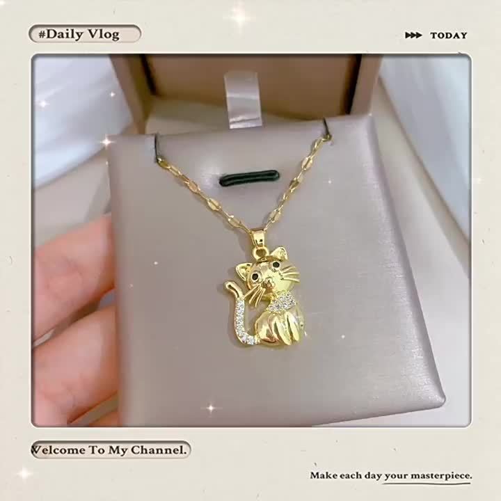 Elegant Golden-Tone Cat Pendant Necklace - Chic Stainless Steel Jewelry for Teenager, Perfect Birthday Gift for Family & Friends, Fashionable Accessor