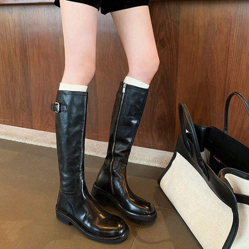 

Моющиеся винтажные плиссированные женские ботфорты до колена, массивный каблук, черные, осенне-зимний стиль. Size 36