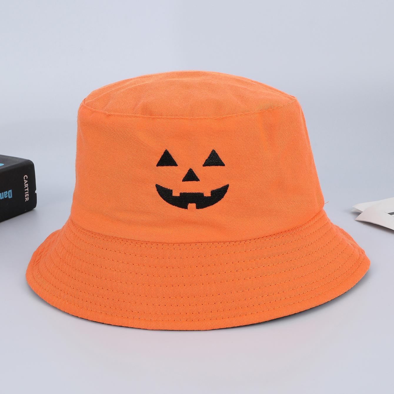 

New Halloween-themed embroidered pumpkin smiling fisherman s hat, fashionable and versatile double-sided sunshade basin hat One Size