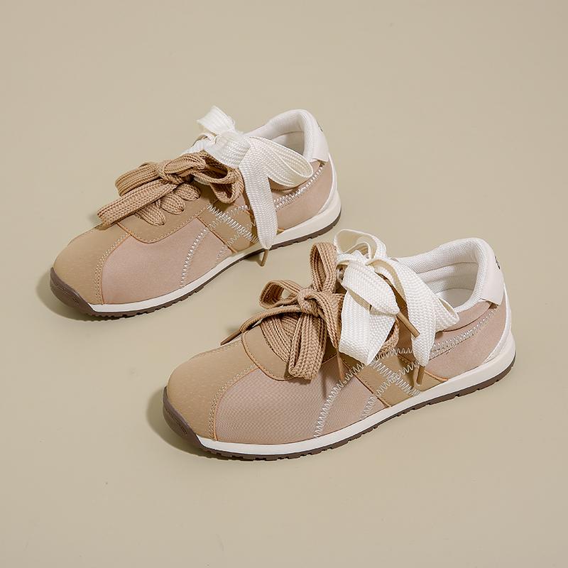 Women's Casual Sports Shoes Fall New Round Head Suede Splicing Front Lace-up Comfortable Flat Shoes