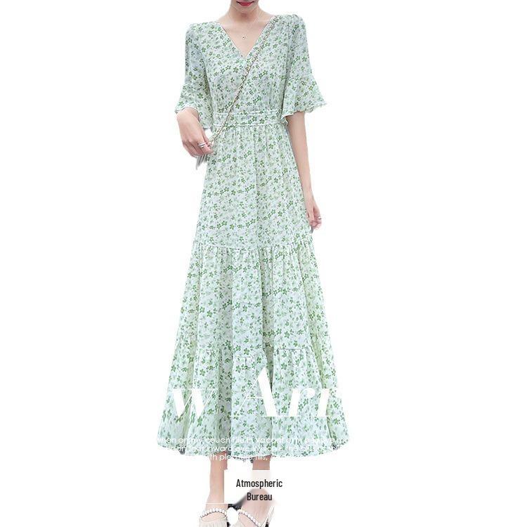Women's Summer 2024 Floral French Retro Chiffon Long Dress - Over-the-Knee Cake Skirt