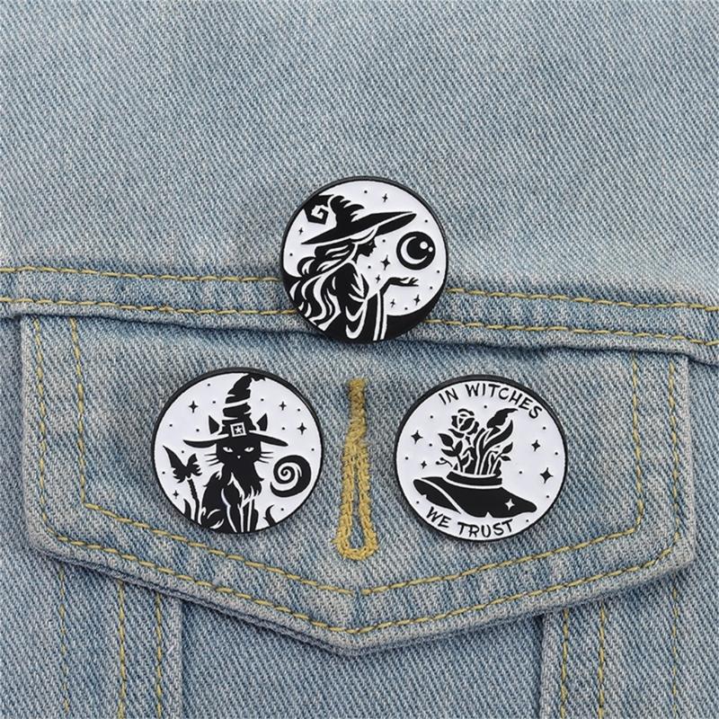 Moon Phase Witch Brooch Enamel Goth Pin Black Cats Designs Punk Jewelry For Halloween Accessories Gift