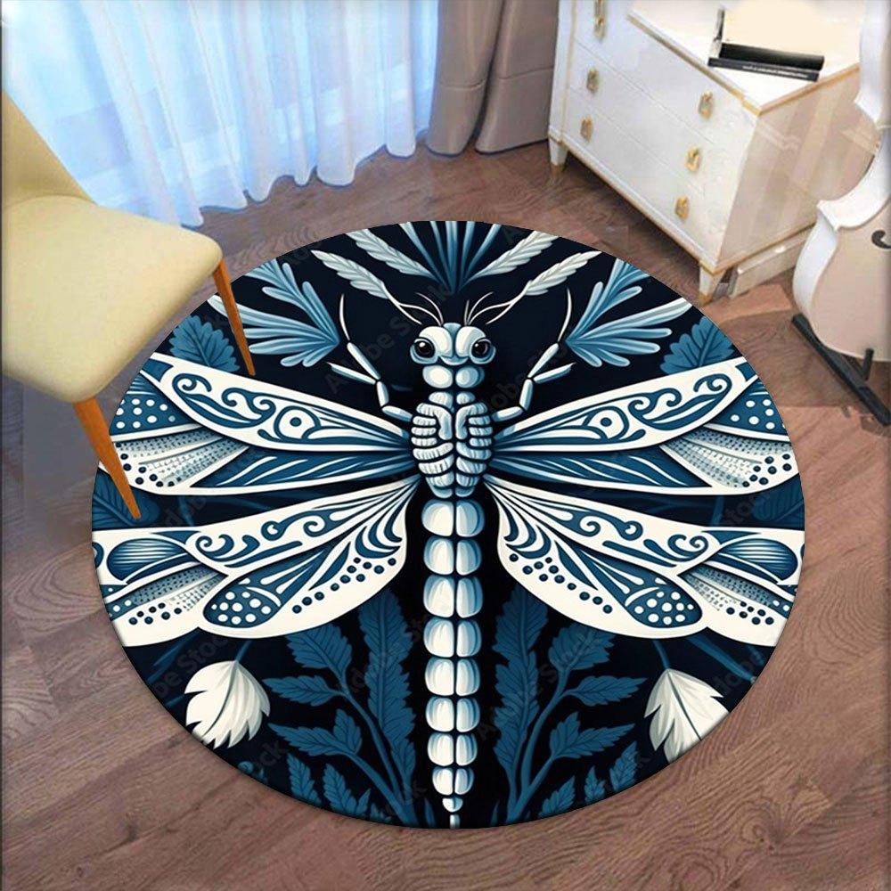 Elegant Blue and White Dragonfly Decorative PlateRound Non-Slip chair mat chair carpet for office Rugs for Office Decor Gift For Valentine's Day Mothe