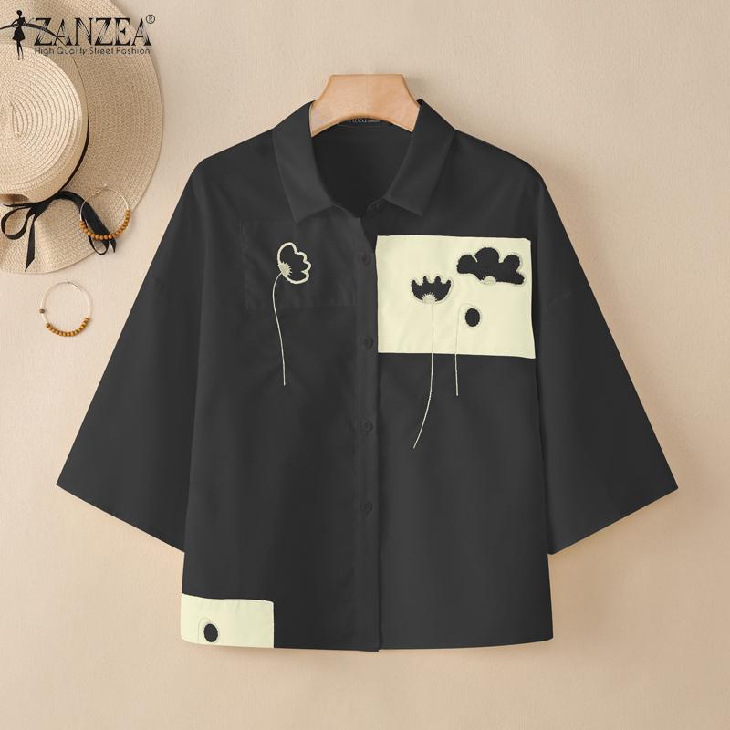 ZANZEA Damen Casual Turn Down Kragen Sommer Kurzarm Bluse