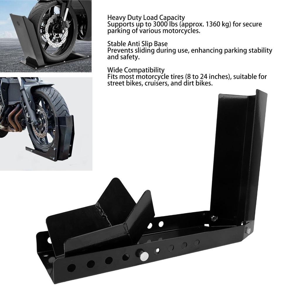 Motorcycle Wheel Chock Stand Antislip 3000lbs Load Capacity Black Heavy Duty Trailer Front Tire Stand for 8-24 Inch Wheels