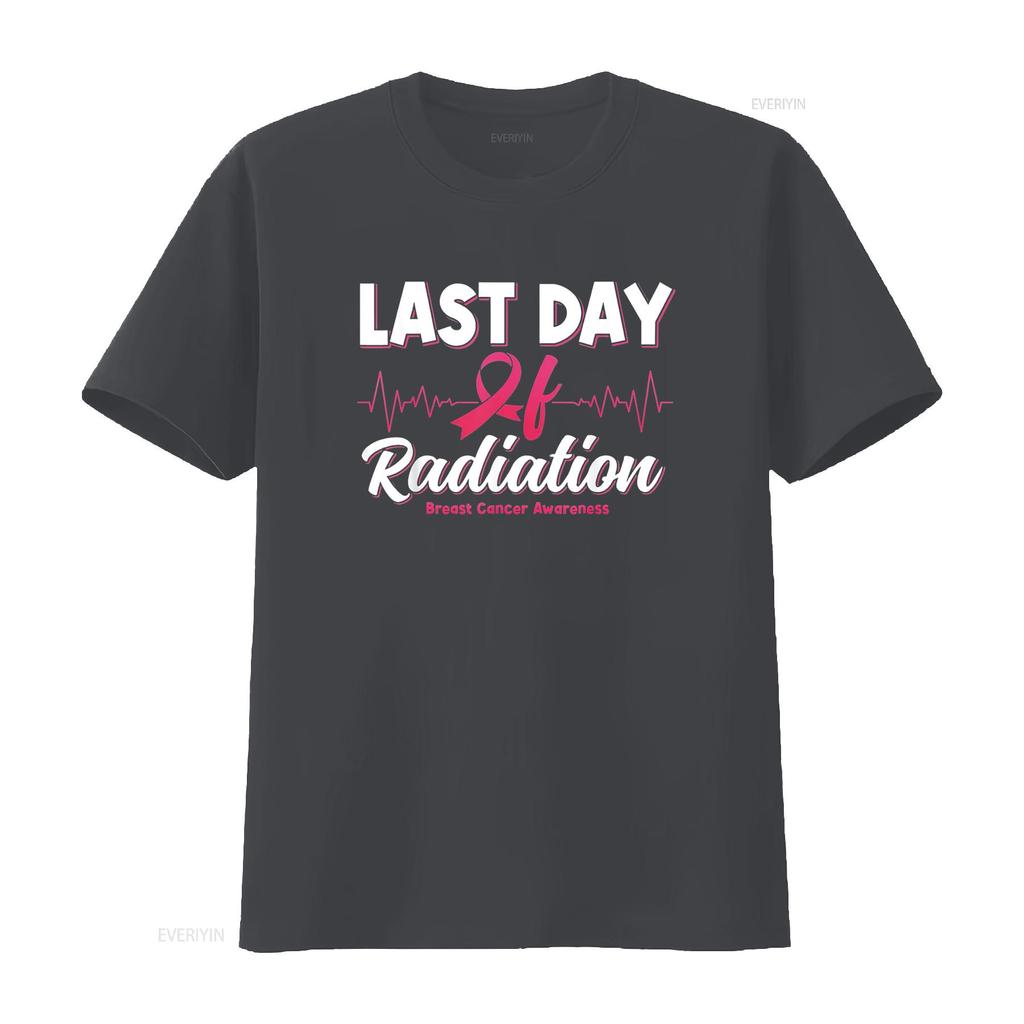 Womens Last Day Of Radiation Heartbeat Breast Cancer Awareness T Shirt Black 2XL Vintage Washed Casual Soft Streetwear Homme
