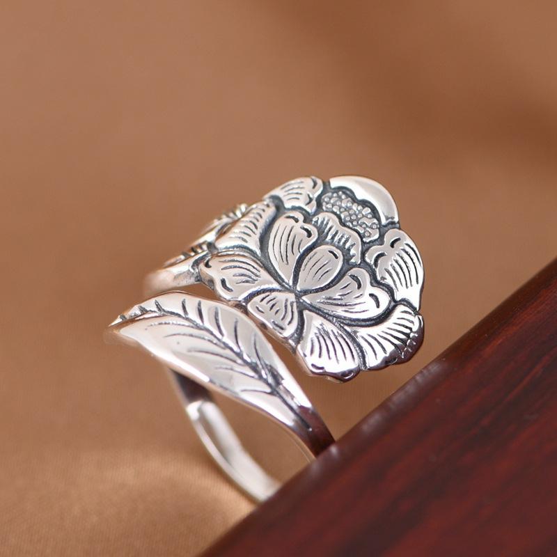 Buyee 925 Silver Big Ring Finger Peony Open Ring for Women Fashion Flower Fine Jewelry Circle Gift