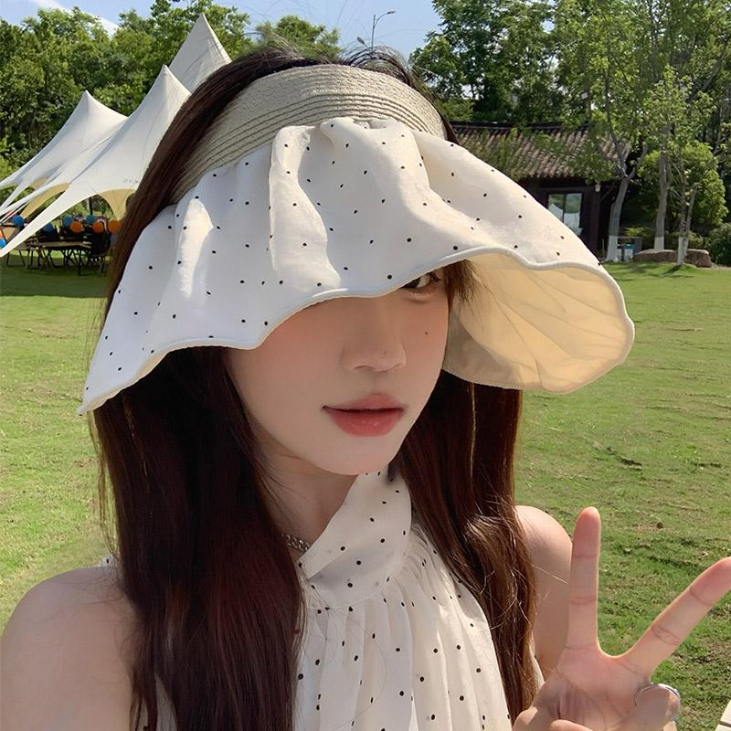 Polka dot pleated empty top hat women's summer large brim anti-ultraviolet sunshade sunscreen hat outdoor face cover sun hat