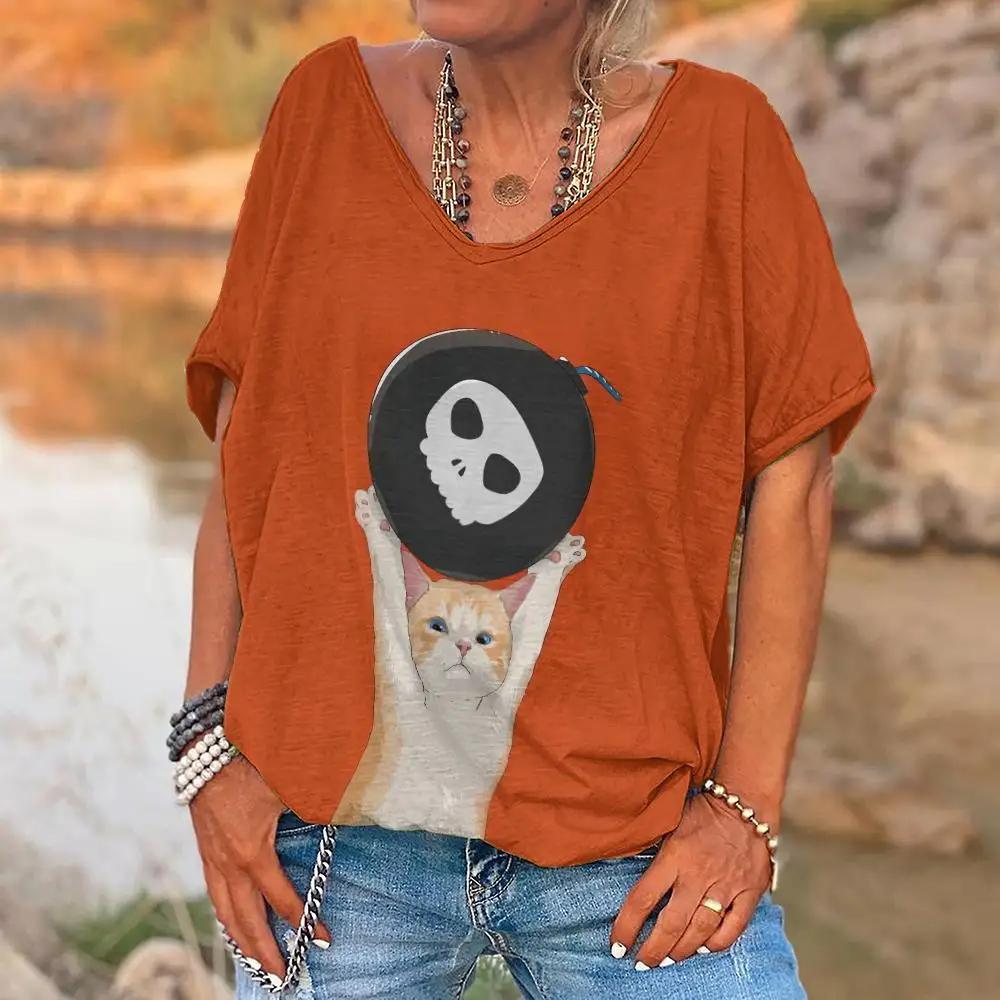 Summer Women Funny Cartoon Cat T-shirt Fashion V-Neck Tops Tees Female Casual Short Sleeve Clothing Ladies Vintage Outfit
