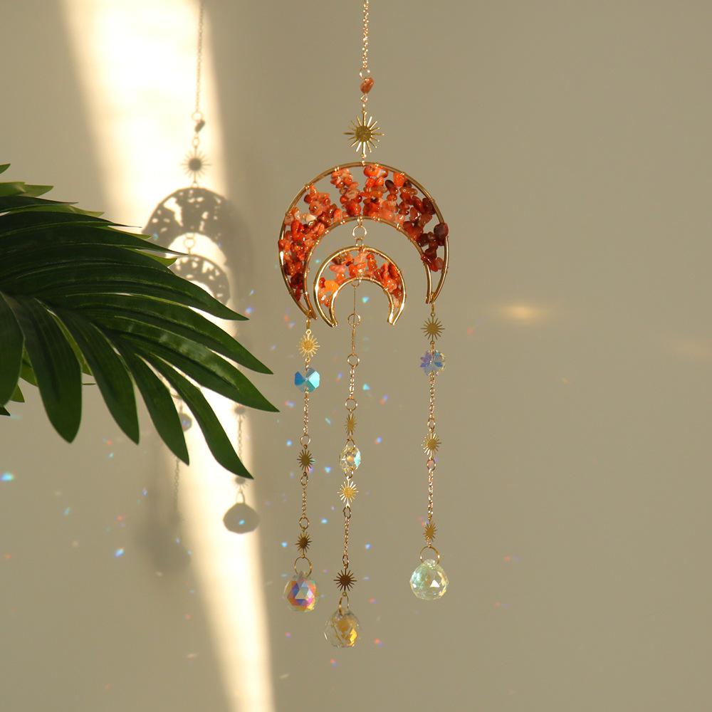 Natural Crystal Moon Pendant Sun Catcher Wind Chime for Home and Garden Decoration