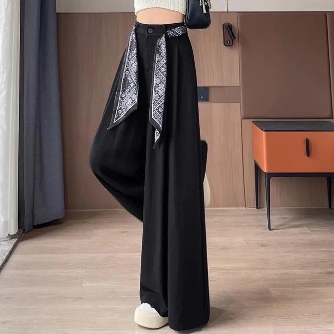 

Women s Summer Wide-Leg High Waist Pants with Draped Silk Scarf Belt XL чёрный