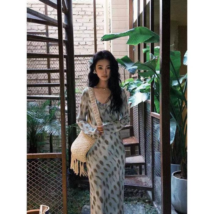 French new sexy elegant temperament dress irregular waist floral thin long dress skirt blue S