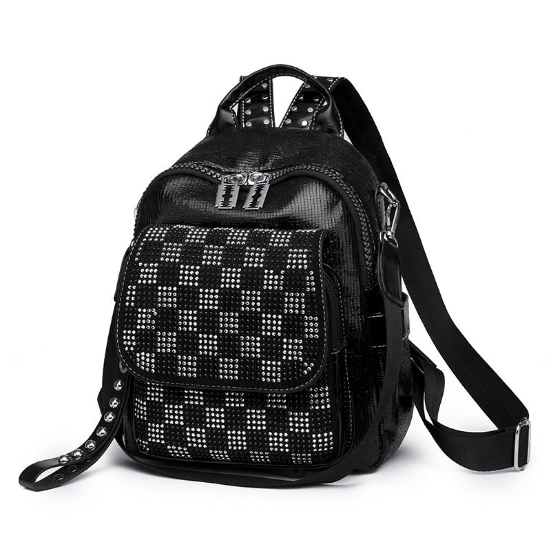Women's Backpack Chessboard Rhinestone Bag Outdoor Leather Backpack