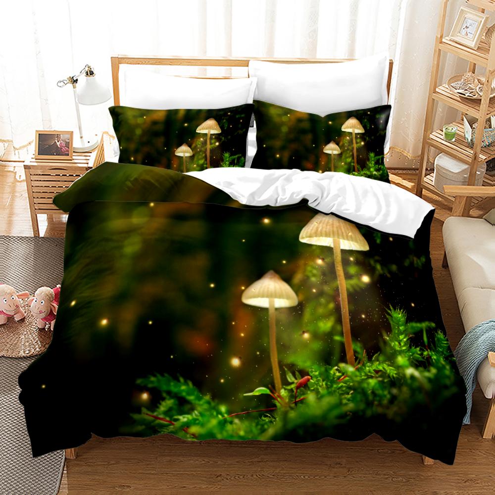Magic Colorful Mushroom Bedding Set 3D Cartoon Mushroom Bed Linen Single Queen King Full Size Kids Girls Duvet Cover Room Decor