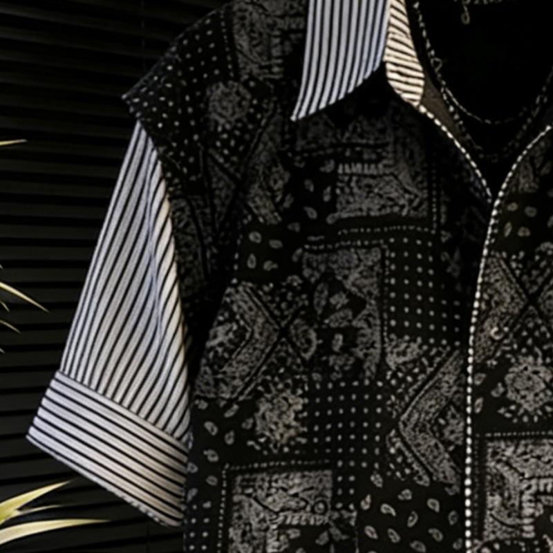 Men's Bandana Patchwork Striped Contrast Pocket Short Sleeve Button Down Shirt Casual Streetwear Top