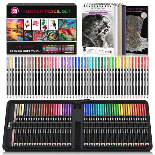 

Набор цветных карандашей HIFORNY из 55 предметов для взрослых – 50 цветных карандашей с мягким грифелем, блокнот для эскизов, раскраска, блендер, точилка и цветовая палитра – Gi
