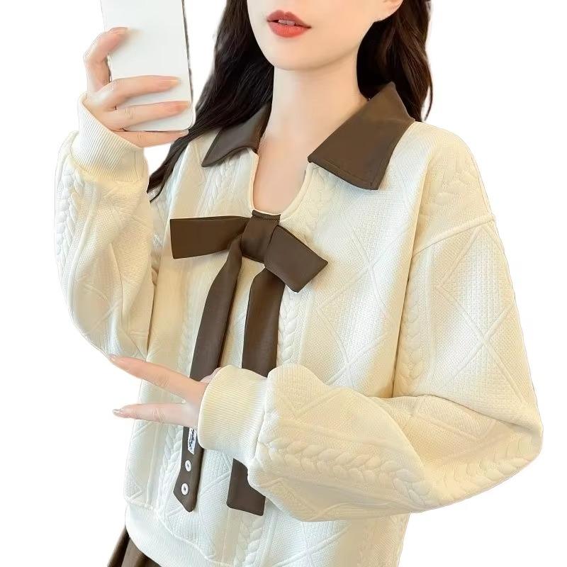 Bow Tie Decoration Women's Sweatshirt Lapel Contrasting Solid Color Long Sleeved Pullover Korean Version Autumn New Style Loose Woman Top