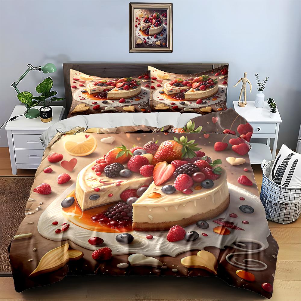Beeren-Käsekuchen-Design Bettwäsche Bettbezug-Sets Bettbezüge Kissenbezüge Geschenke (1 * Bettbezug 2 * Kissenbezüge, ohne Bettdecke)