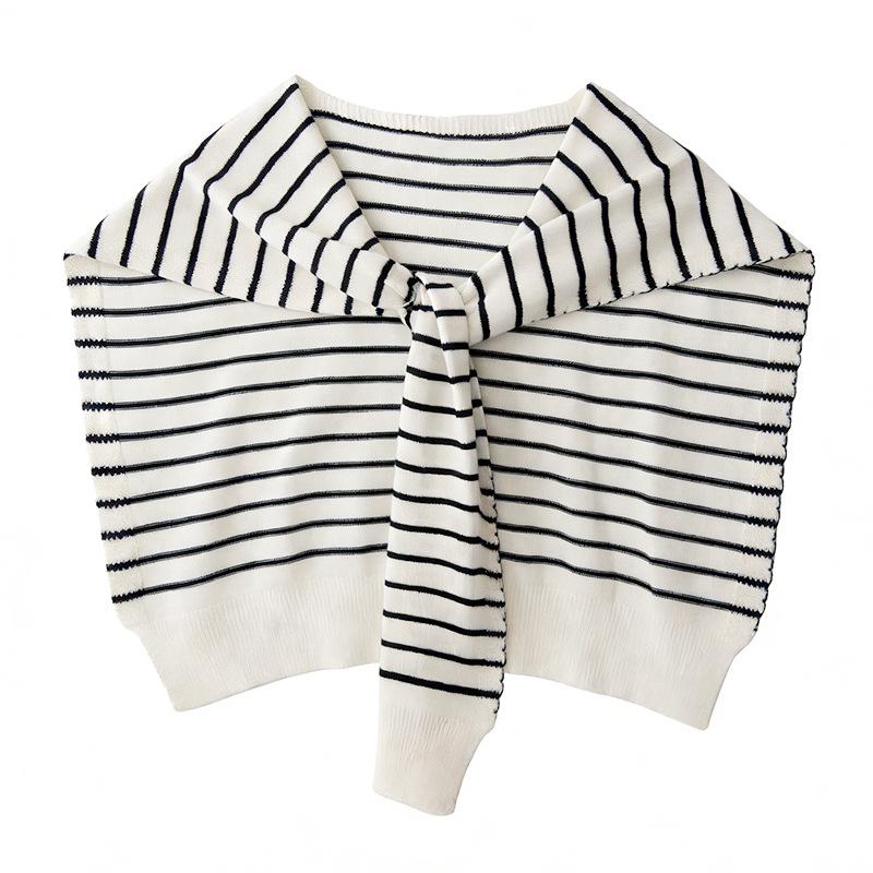 Women's Long Sleeve White Combed Cotton T-Shirt with Striped Knit Shawl - New Style for Spring 2026.