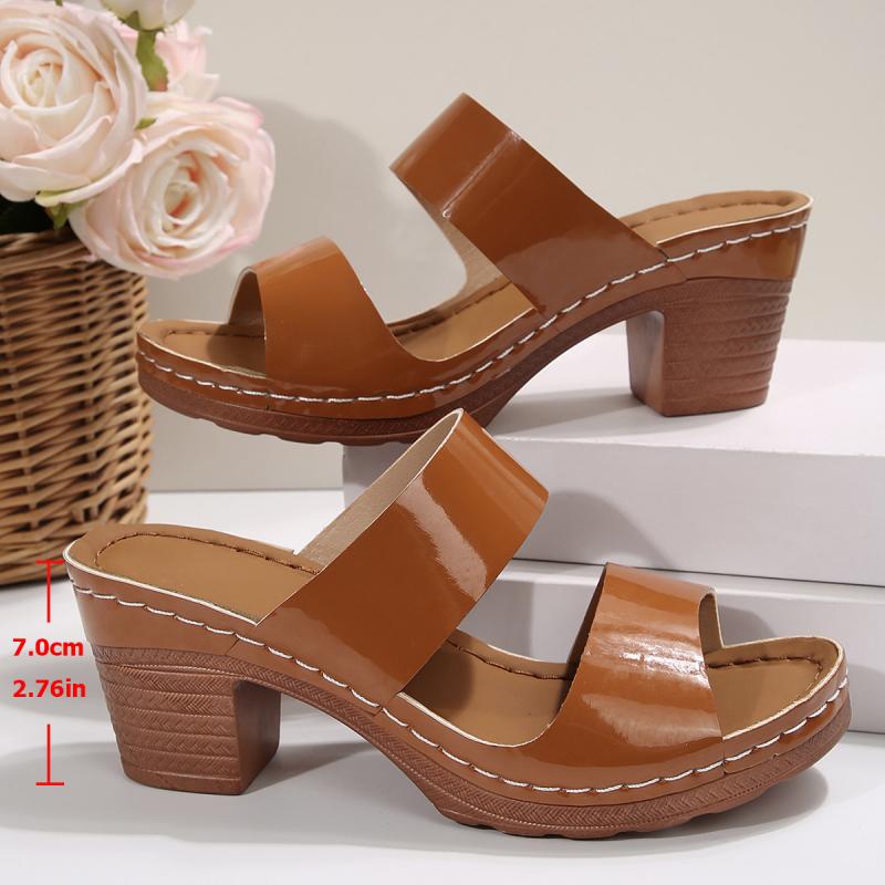 Classic Peep Toe Sandals Women 2025 Summer Elegant Round Toe Slip On High Heels Slippers Women Solid Brown Anti Slip Shoes Women