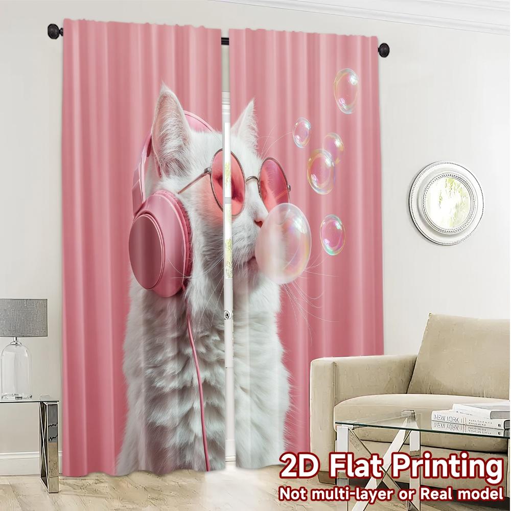 2pcs, 2D FLAT PRINTING Curtains (Without Rod) Cool Cat Harmony Popular Curtains Digital Printed 100% Polyester Curtains