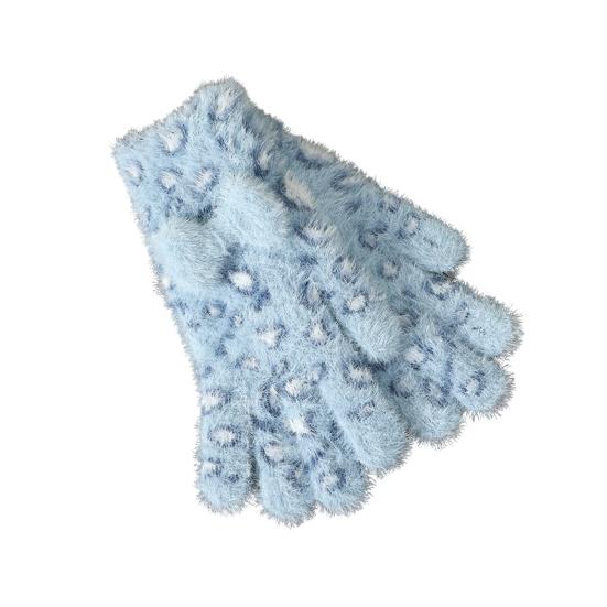 1 Pair Knitted Gloves Leopard Print Plush Warm Winter Gloves with Tie-Dye Color Bow Decoration Touchscreen Gloves