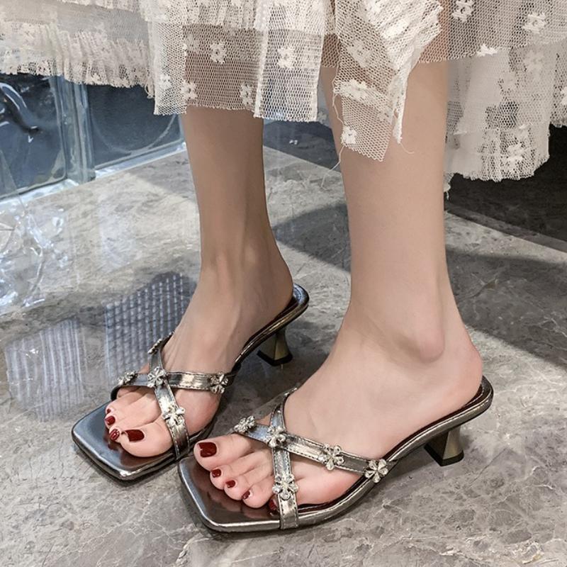 Fashion Purple  Cross Strap Sandals for Women in The Summer of 2025 New Square Toe Rhinestone High-heeled Sandals Cool Slippers