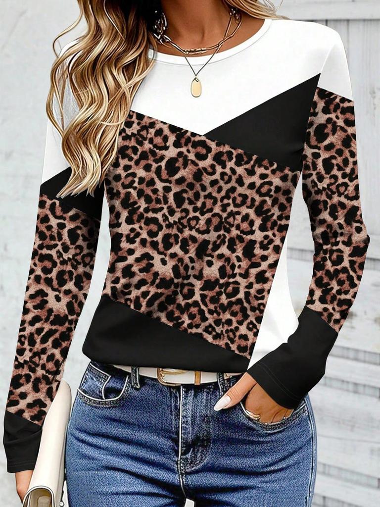 Women's Autumn Casual Tops, Long Sleeve T-Shirt With Color Block Patchwork Printed Pattern, Classic Design, Versatile, Comfortable Dusty Pink